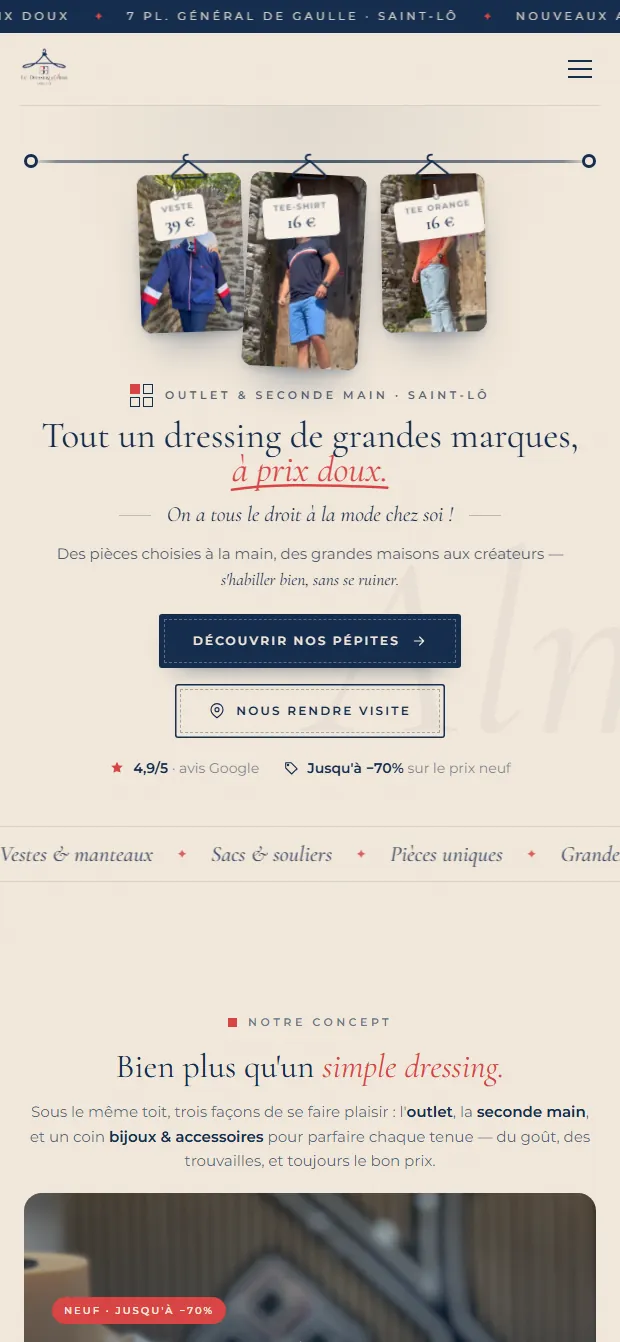Le Dressing d'Alma sur téléphone : le haut de page