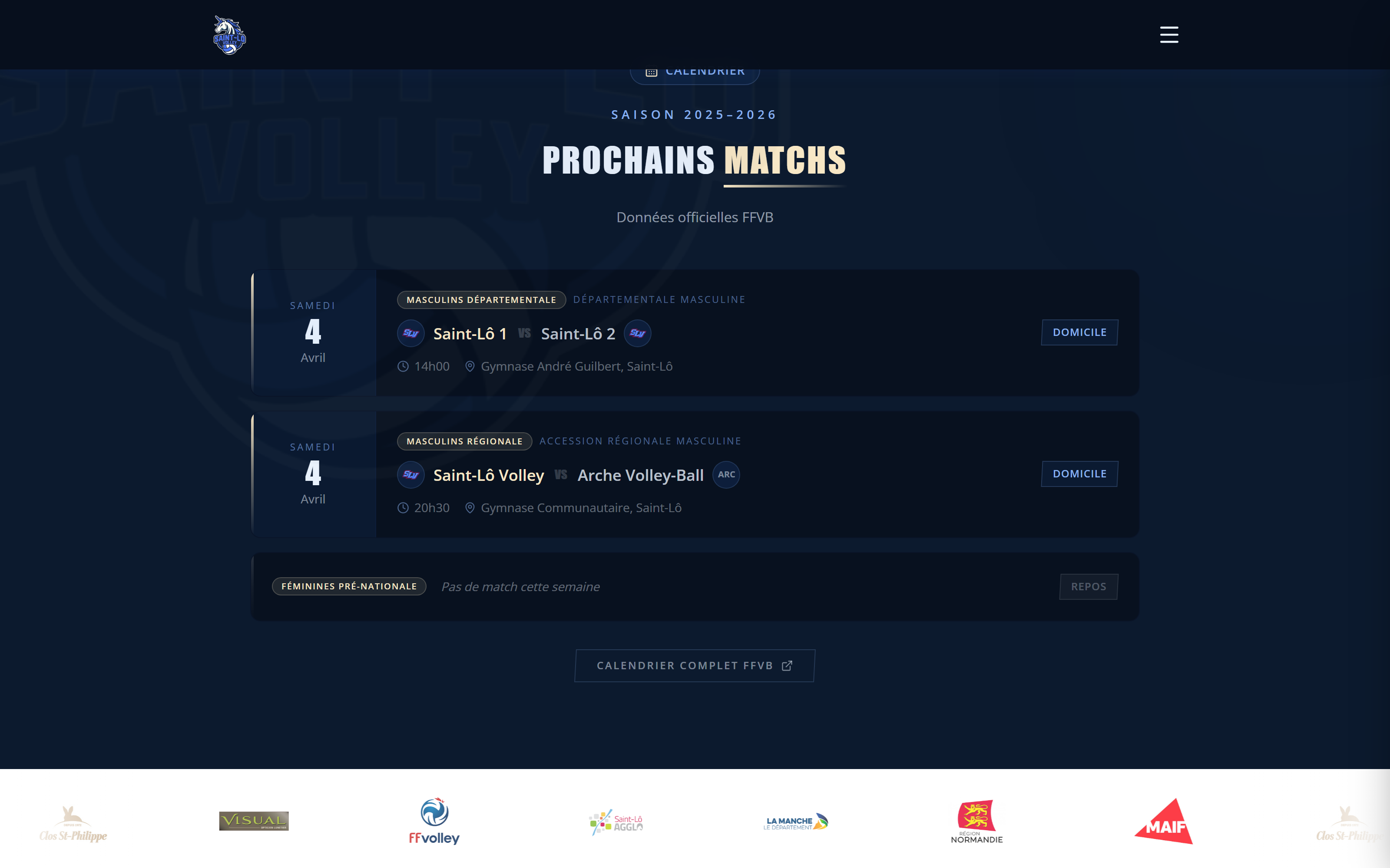 Section Prochains matchs — calendrier officiel FFVB
